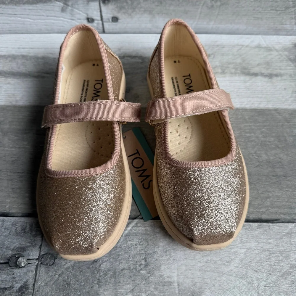 TOMS Toddler Rose Gold Glitter Mary Jane Flats Hook Loop Strap Size 9